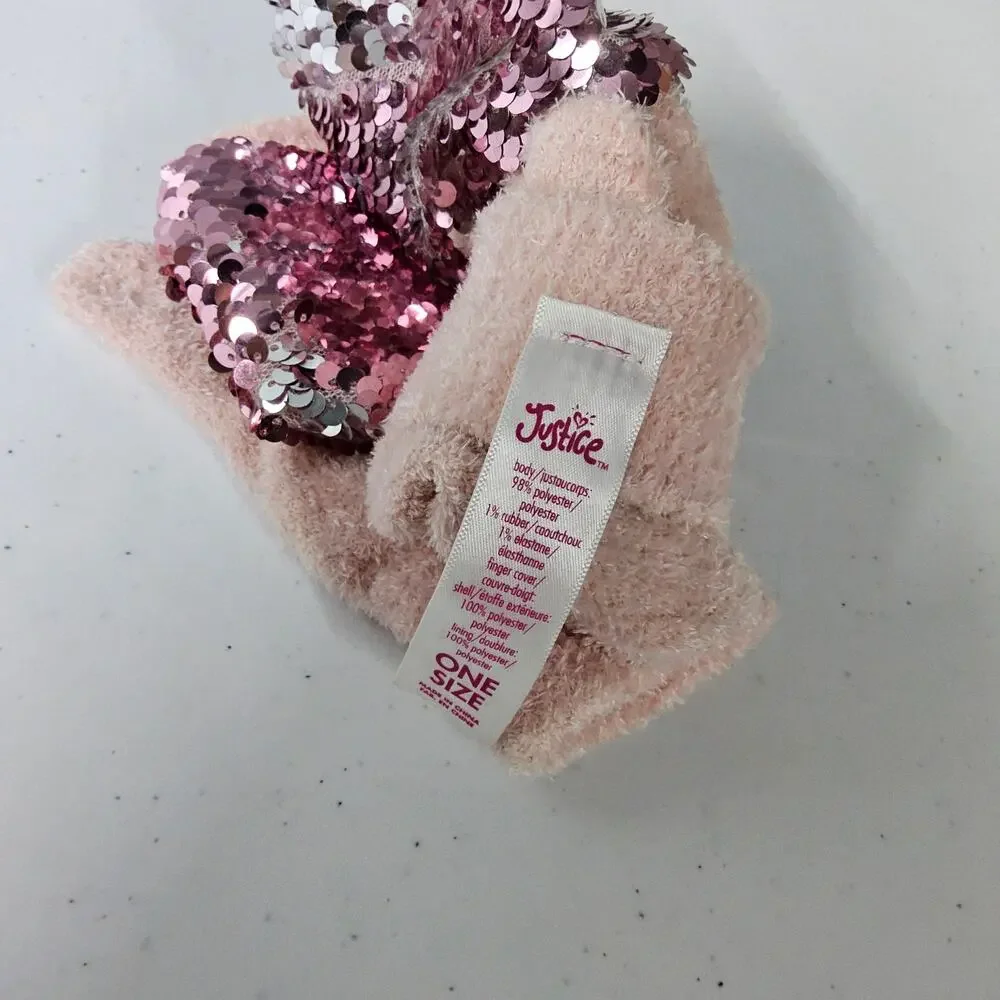 Justice Convertible Mitten Gloves Kids One Size Pink Reversible Flip Sequin Fuzz